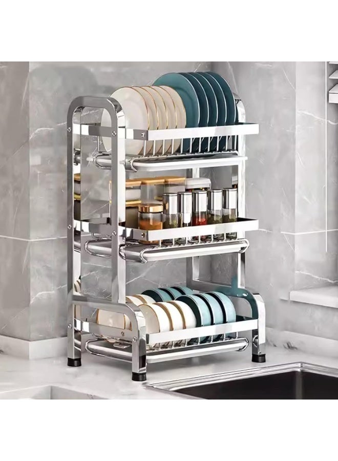 3 Layer Kitchen Dish Drying Rack, Stainless Steel Cabinet Organizer, with Water Tray, Knife Holder and Chopstick Cage - Image 1